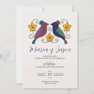 Birds Floral Magenta Navy Blue Spanish Wedding Invitation