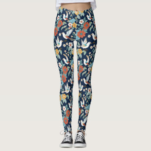 Birds Floral Navy Vintage Wallpaper Pattern Leggings