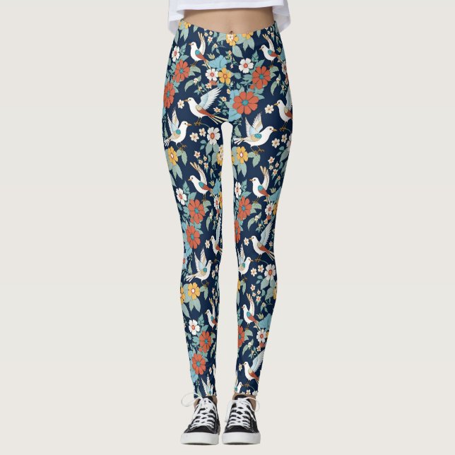 Birds Floral Navy Vintage Wallpaper Pattern Leggings (Front)