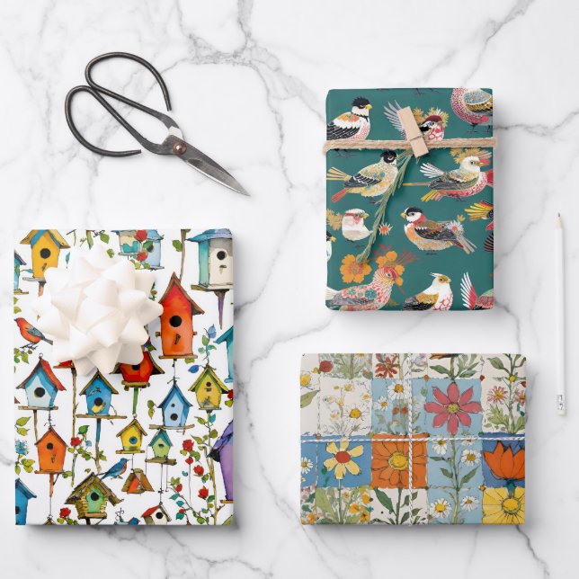 Birds Floral Patchwork and Bird Houses Wrapping Paper Sheet (Front)