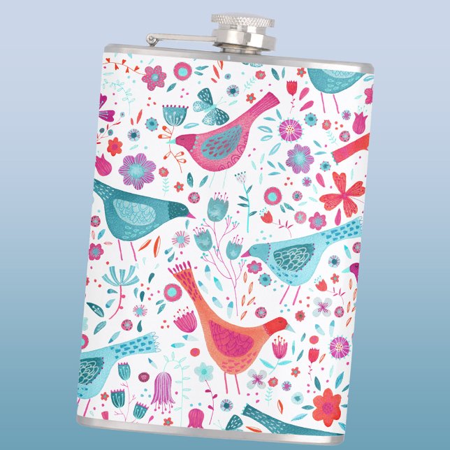 Birds Floral Watercolor Hip Flask (Watercolor birds and flowers art hip flask)
