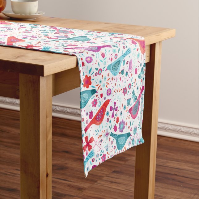 Birds Floral Watercolor Short Table Runner (In Situ)