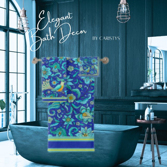 Birds Florals Royal Blue, Yellow, Aqua  Bath Towel Set (Creator Uploaded)