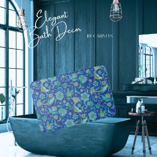 Birds Florals Royal Blue, Yellow Bath Mat