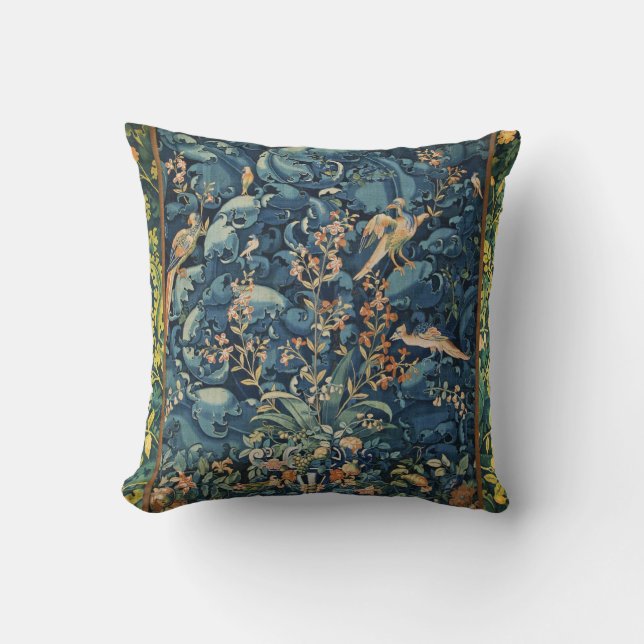 BIRDS ,FLOWERS AND CABBAGE LEAVES ,Blue Cushion (Front)
