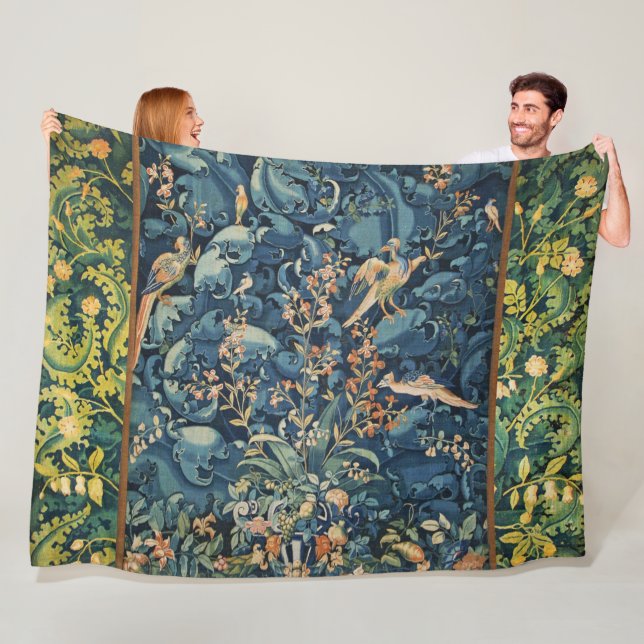 BIRDS ,FLOWERS AND CABBAGE LEAVES ,Blue Fleece Blanket (In Situ)