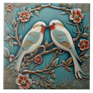 Birds Flowers Art Nouveau Inspired Nature Print Ceramic Tile