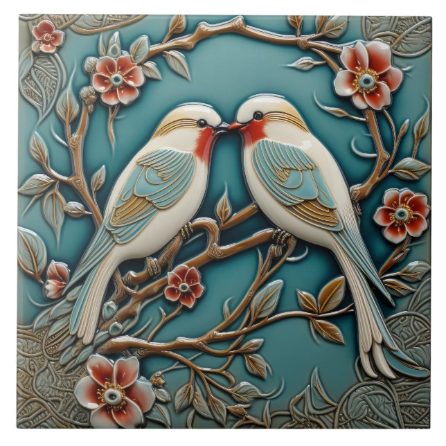 Birds Flowers Art Nouveau Inspired Nature Print Ceramic Tile (Front)