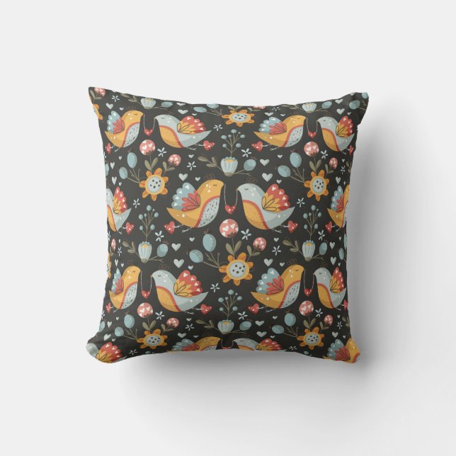 Birds Flowers Bohemian Love Pattern Cushion (Front)