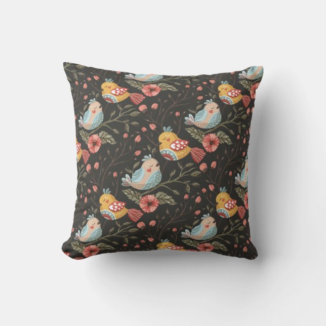 Birds Flowers Bohemian Love Pattern Cushion (Front)