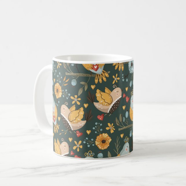 Birds Flowers Bohemian Pattern Coffee Mug (Front Left)
