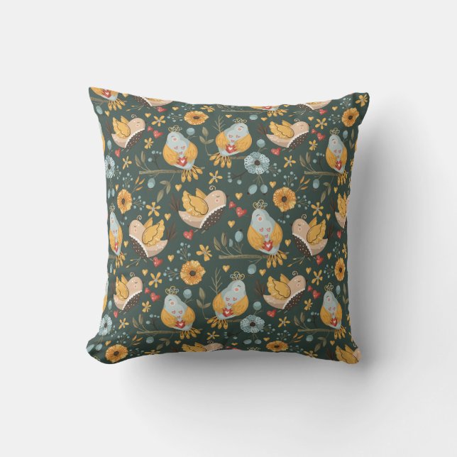 Birds Flowers Bohemian Pattern Cushion (Front)