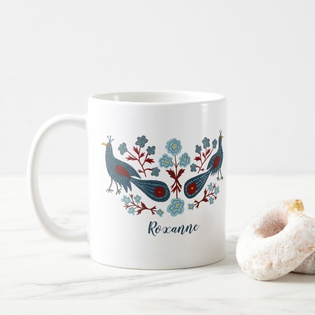 Birds Flowers Boho Design CUSTOMIZED Coffee Mug (With Donut)