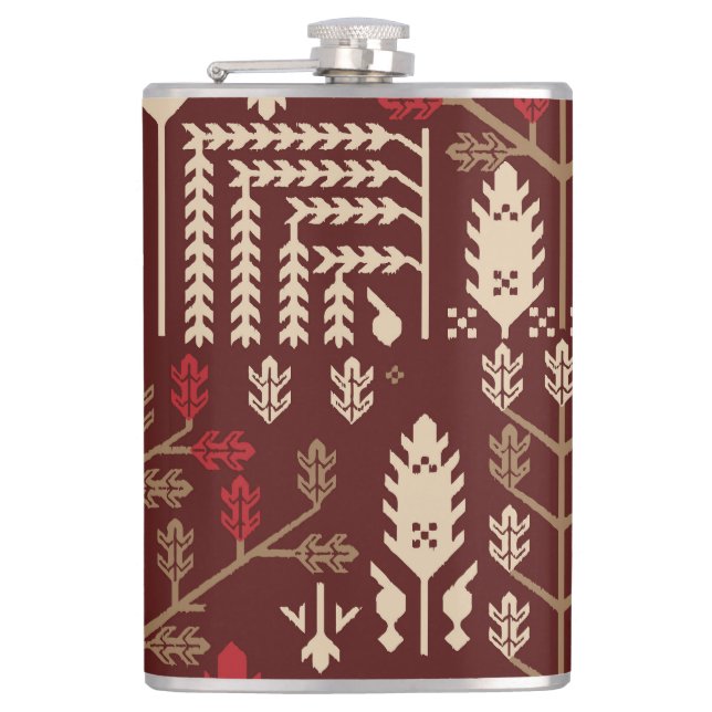 Birds Flowers Dark Blue Pattern Hip Flask (Front)