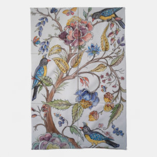 Birds Flowers Floral Chinoiserie Tile Oriental Tea Towel