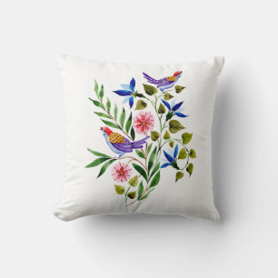 Birds Flowers Floral Watercolor  Cushion