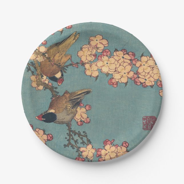 Birds Flowers Hokusai Japanese Art Paper Plate (Front)