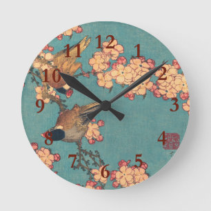 Birds Flowers Hokusai Japanese Art Round Clock