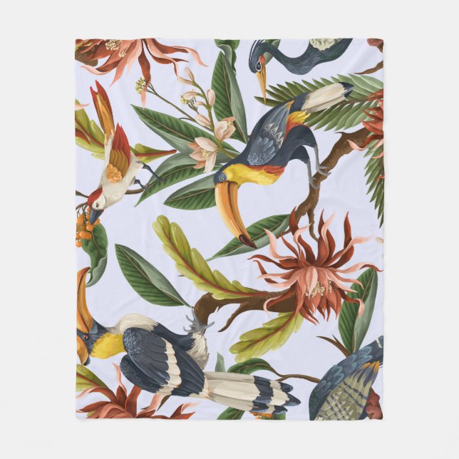 Birds & Flowers: Tropical Vintage Pattern. Fleece Blanket (Front)