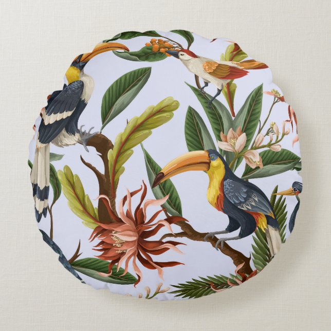 Birds & Flowers: Tropical Vintage Pattern. Round Cushion (Front)