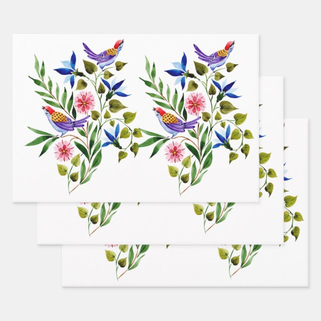 Birds Flowers Watercolor Birthday Bridal Shower  Wrapping Paper Sheet (Set)