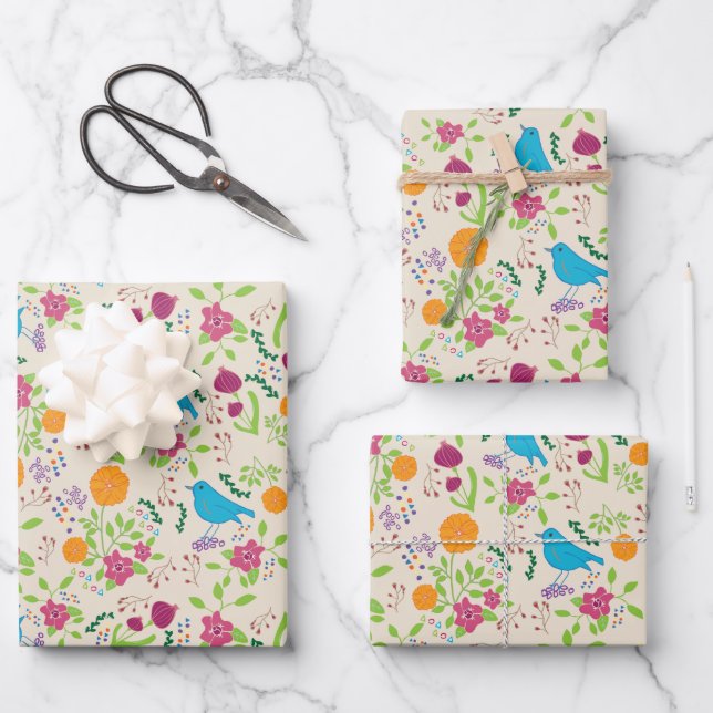 Birds  Flowers Wrapping Paper Flat Sheet Set of 3 (Front)