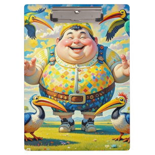 Birds flying around a happy man clipboard