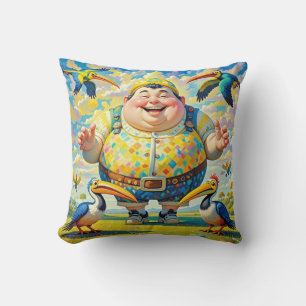 Birds flying around a happy man cushion