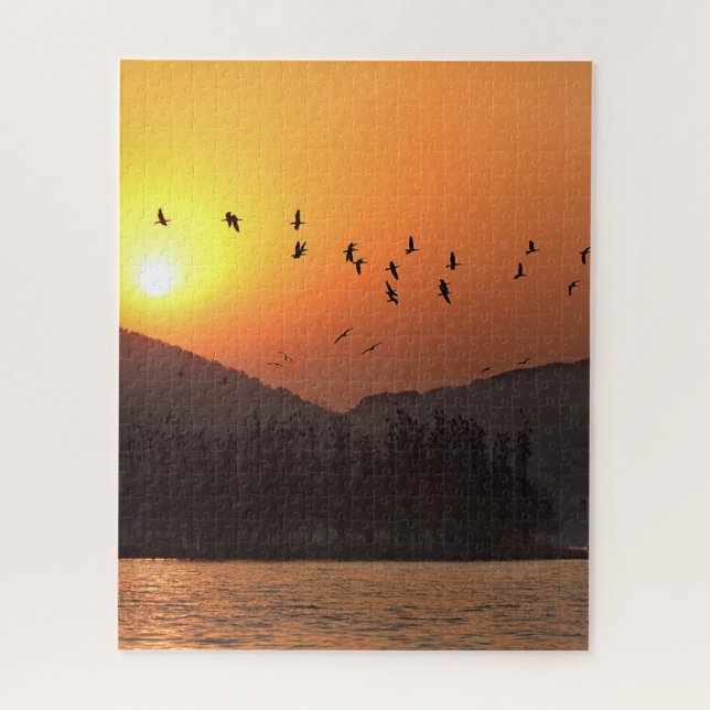 Birds Flying in Sunset Sky Over East Lake Jigsaw Puzzle (Vertical)