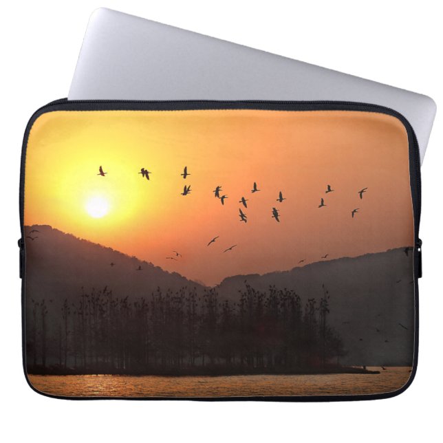 Birds Flying in Sunset Sky Over East Lake Photo Laptop Sleeve (Front)