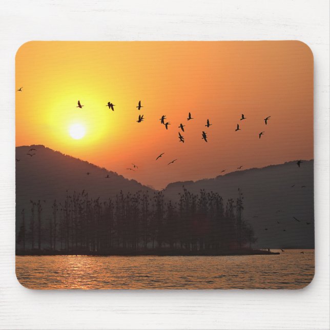 Birds Flying in Sunset Sky Over East Lake Photo Mouse Pad (Front)