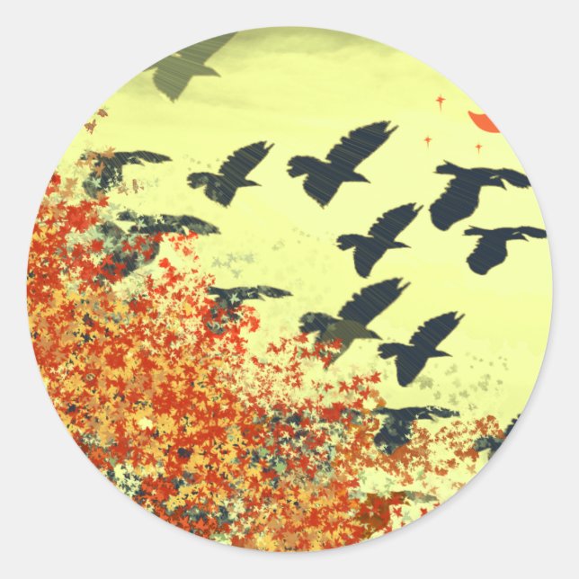 Birds Flying Red Moon Classic Round Sticker (Front)