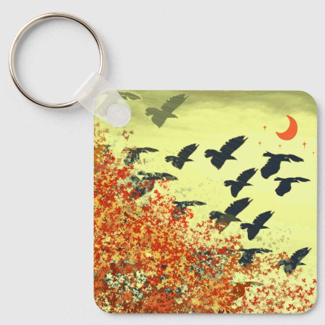 Birds Flying Red Moon Key Ring (Front)