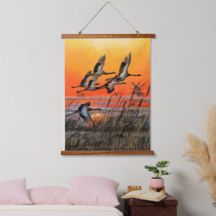 Birds Flying Sunset Hanging Tapestry - Painting