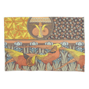  Birds,Golden Pheasants & Irise Art Nouveau Pillowcase