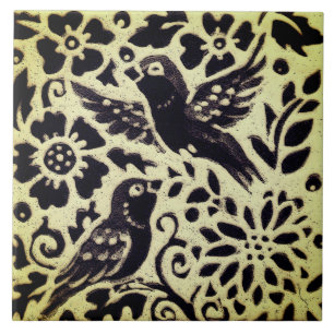Birds Grey Green Stoneware Foliage Woodland Art Ceramic Tile
