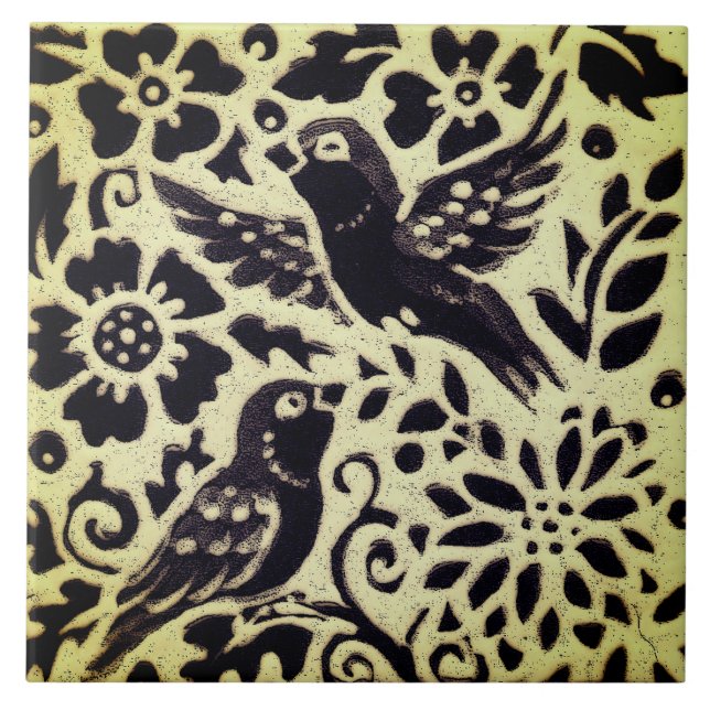 Birds Grey Green Stoneware Foliage Woodland Art Ceramic Tile (Front)