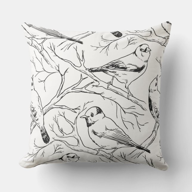 Birds hand drawn black & white pattern Modern Cushion (Front)