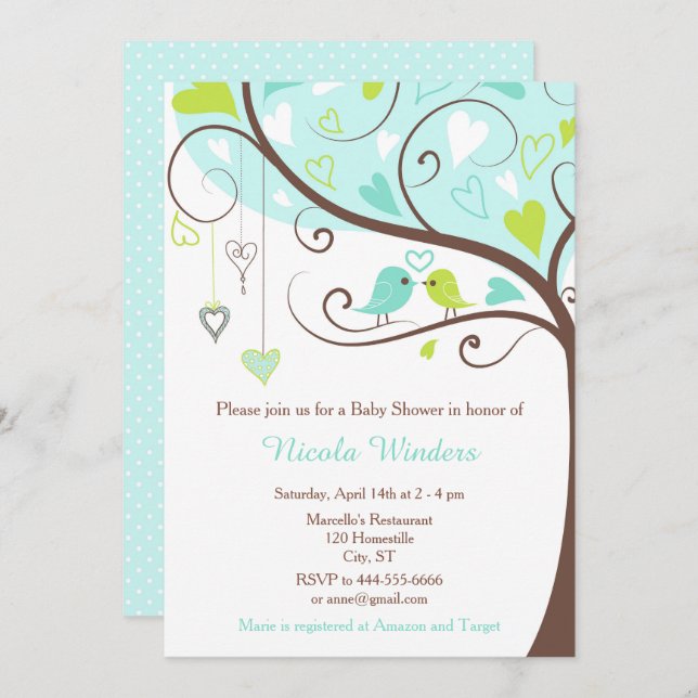 Birds Hearts Tree Blue and Green Baby Shower Invitation (Front/Back)