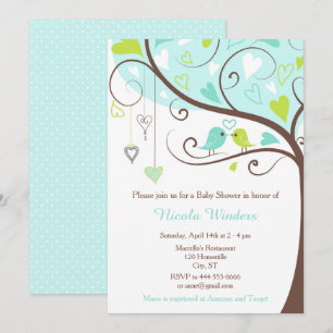Birds Hearts Tree Blue and Green Baby Shower Invitation