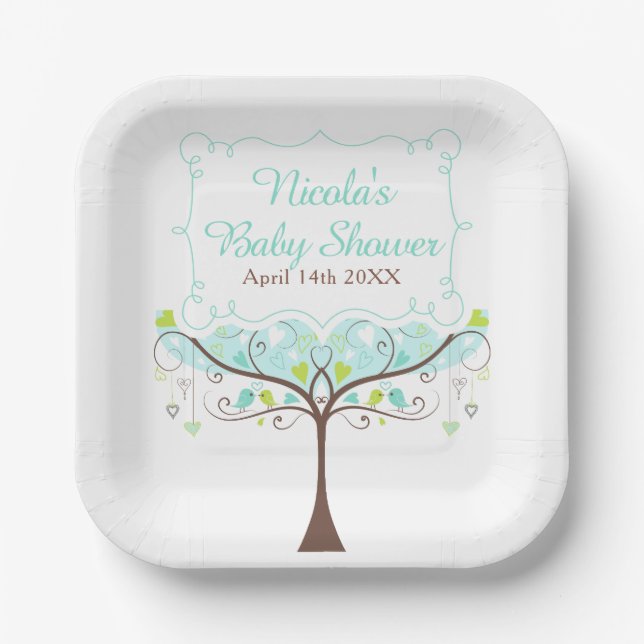 Birds Hearts Tree Blue and Green Baby Shower Paper Plate (Front)