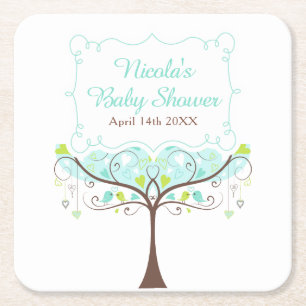 Birds Hearts Tree Blue and Green Baby Shower Square Paper Coaster