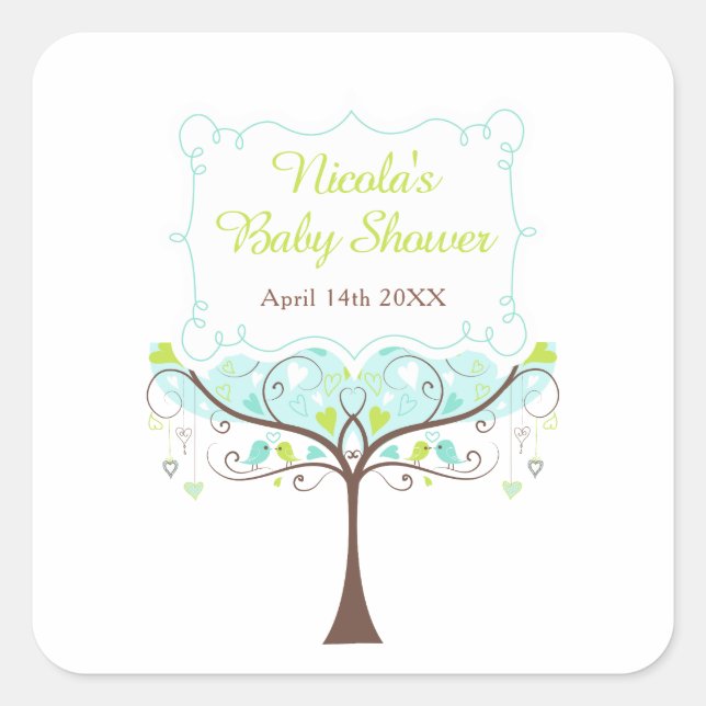 Birds Hearts Tree Blue and Green Baby Shower Square Sticker (Front)