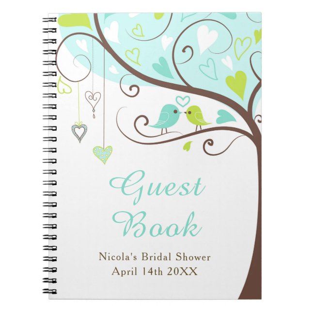 Birds Hearts Tree Blue and Green Bridal Shower Notebook (Front)
