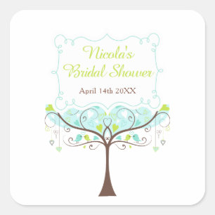 Birds Hearts Tree Blue and Green Bridal Shower Square Sticker