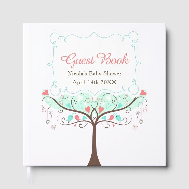 Birds Hearts Tree Mint and Coral Baby Shower Guest Book (Front)