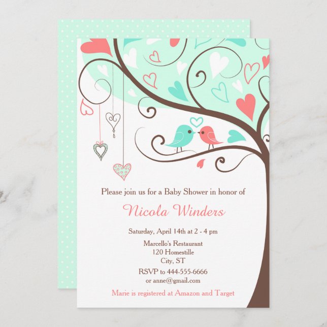 Birds Hearts Tree Mint and Coral Baby Shower Invitation (Front/Back)