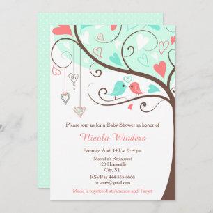 Birds Hearts Tree Mint and Coral Baby Shower Invitation