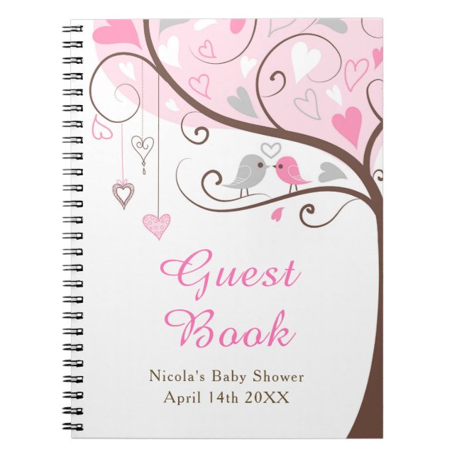 Birds Hearts Tree Pink Baby Shower Notebook (Front)