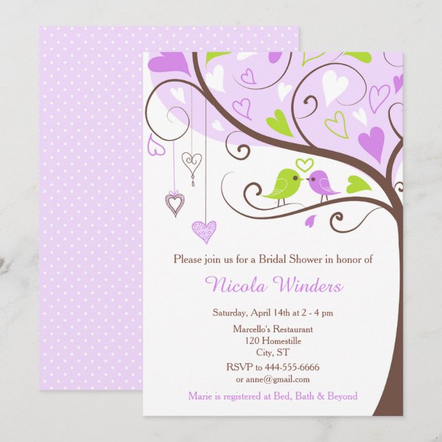 Birds Hearts Tree Purple and Green Bridal Shower Invitation (Front/Back)